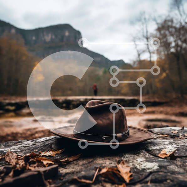 Intra Συλλεκτικό Ξύλινο Παζλ Plywood  4mm - Καφέ δερμάτινο καπέλο που στηρίζεται σε έναν βράχο στο δάσος Σε Ξύλινο Κουτί - Διαστάσεις: 10x10 cm – 25 κομμάτια