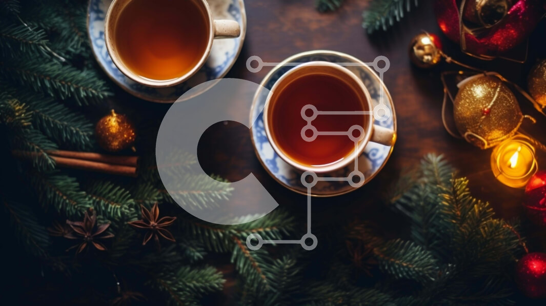 Intra Συλλεκτικό Ξύλινο Παζλ Plywood  4mm - Χριστουγεννιάτικα φλιτζάνια τσαγιού σε ξύλινο τραπέζι με διακοσμητικά και κηροπήγια Σε Ξύλινο Κουτί - Διαστάσεις: 10x10 cm – 25 κομμάτια