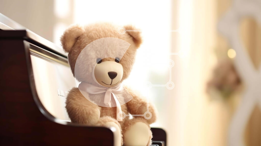 Intra Συλλεκτικό Ξύλινο Παζλ Plywood  4mm - Καφέ αρκουδάκι σε πάγκο πιάνου με λουλούδια Σε Ξύλινο Κουτί - Διαστάσεις Puzzle: 10x10 cm – 25 κομμάτια