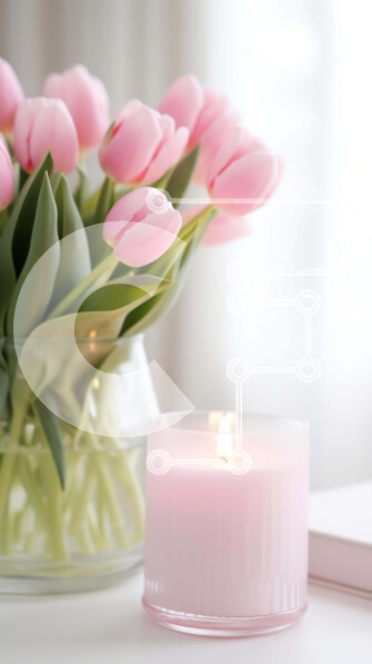 Intra Συλλεκτικό Ξύλινο Παζλ Plywood  4mm - Ροζ τουλίπες σε γυάλινο βάζο με κερί και βιβλίο Σε Ξύλινο Κουτί - Διαστάσεις Puzzle: 10x10 cm – 25 κομμάτια