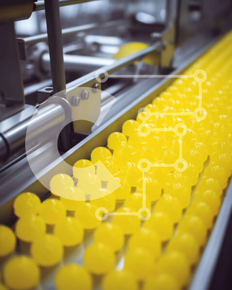 Intra Συλλεκτικό Ξύλινο Παζλ Plywood  4mm - Κίτρινες μπάλες στη μεταφορική ταινία σε βιομηχανικό περιβάλλον Σε Ξύλινο Κουτί - Διαστάσεις Puzzle: 10x10 cm – 25 κομμάτια