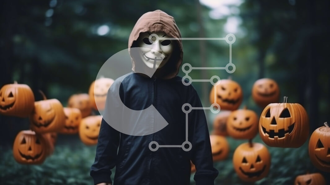 Intra Συλλεκτικό Ξύλινο Παζλ Plywood  4mm - Αγόρι με μαύρο κουκούλα και μάσκα που στέκεται μπροστά από κολοκύθες Σε Ξύλινο Κουτί - Διαστάσεις Puzzle: 10x10 cm – 25 κομμάτια