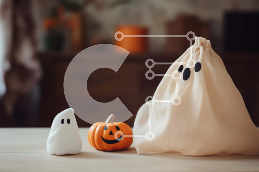 Intra Συλλεκτικό Ξύλινο Παζλ Plywood  4mm - Λευκή τσάντα φάντασμα και κολοκύθες σε τραπέζι - διακοσμήσεις αποκριών Σε Ξύλινο Κουτί - Διαστάσεις Puzzle: 10x10 cm – 25 κομμάτια