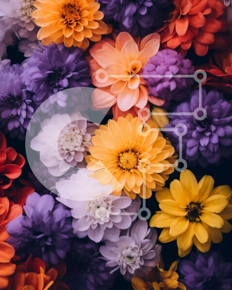 Intra Συλλεκτικό Ξύλινο Παζλ Plywood  4mm - Πολύχρωμη σύνθεση λουλουδιών σε μωβ, πορτοκαλί, κίτρινο και πράσινο Σε Ξύλινο Κουτί - Διαστάσεις: 10x10 cm – 25 κομμάτια