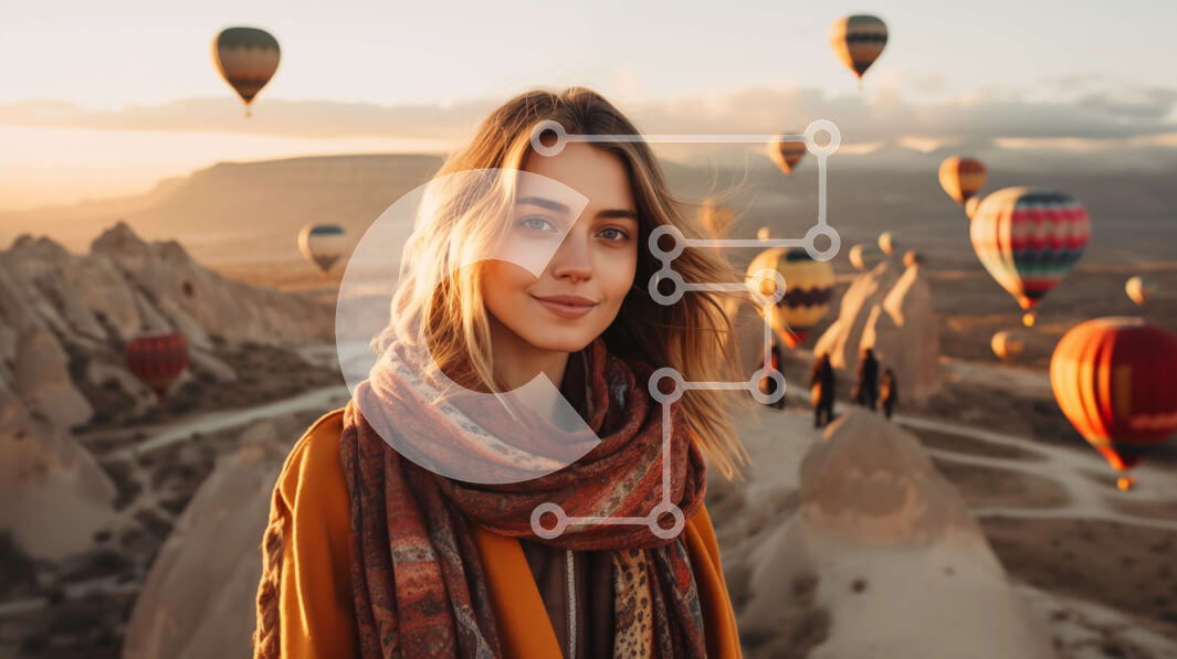 Intra Συλλεκτικό Ξύλινο Παζλ Plywood  4mm - Νεαρή γυναίκα που στέκεται μπροστά από μπαλόνια ζεστού αέρα με πορτοκαλί κασκόλ Σε Ξύλινο Κουτί - Διαστάσεις Puzzle: 10x10 cm – 25 κομμάτια