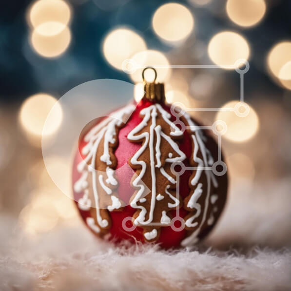 Intra Συλλεκτικό Ξύλινο Παζλ Plywood  4mm - Κόκκινο και λευκό χριστουγεννιάτικο στολίδι σε χιονισμένο φόντο Bokeh Σε Ξύλινο Κουτί - Διαστάσεις: 10x10 cm – 25 κομμάτια