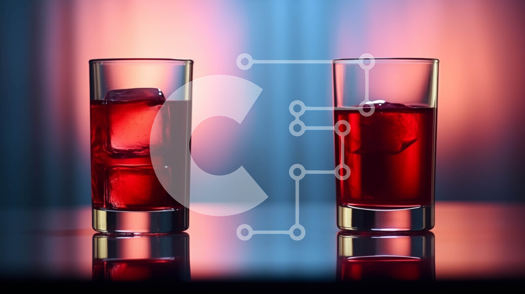 Σετ των 2 Intra Συλλεκτικό Ξύλινο Παζλ Plywood  4mm - Δύο ποτήρια κόκκινα ποτά με παγάκια σε ένα τραπέζι Σε Ξύλινο Κουτί - Διαστάσεις: 10x10 cm – 25 κομμάτια