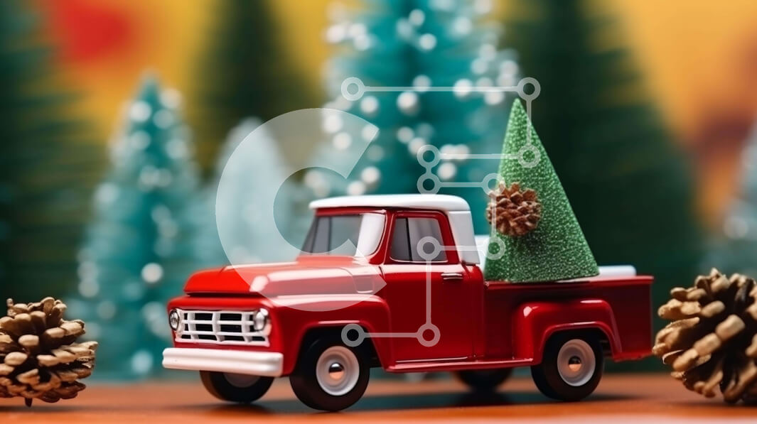 Intra Συλλεκτικό Ξύλινο Παζλ Plywood  4mm - Κόκκινο παιχνίδι pickup φορτηγό με χριστουγεννιάτικο δέντρο και κουκουνάρια Σε Ξύλινο Κουτί - Διαστάσεις: 10x10 cm – 25 κομμάτια