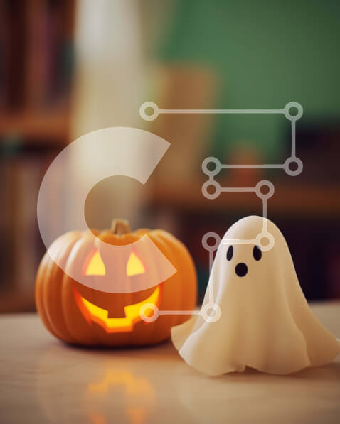 Intra Συλλεκτικό Ξύλινο Παζλ Plywood  4mm - Ειδώλιο φάντασμα αποκριών σε πορτοκαλί κολοκύθα με βιβλία στο φόντο Σε Ξύλινο Κουτί - Διαστάσεις Puzzle: 10x10 cm – 25 κομμάτια