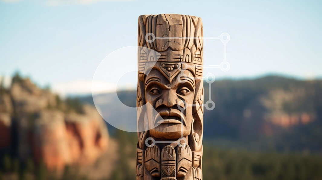Intra Συλλεκτικό Ξύλινο Παζλ Plywood  4mm - Ξύλινος πόλος τοτέμ με ινδικό πρόσωπο ενάντια στο βουνό και τα δέντρα Σε Ξύλινο Κουτί - Διαστάσεις: 10x10 cm – 25 κομμάτια
