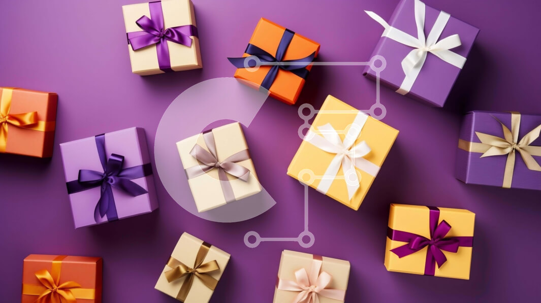 Intra Συλλεκτικό Ξύλινο Παζλ Plywood  4mm - Πολύχρωμα κουτιά δώρων με κορδέλες και φιόγκους σε μωβ φόντο Σε Ξύλινο Κουτί - Διαστάσεις: 10x10 cm – 25 κομμάτια