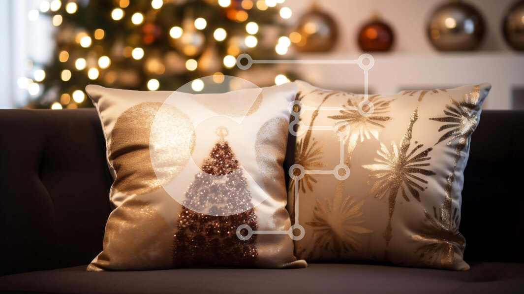 Intra Συλλεκτικό Ξύλινο Παζλ Plywood  4mm - Χριστουγεννιάτικα μαξιλάρια στον καναπέ με στολισμένο χριστουγεννιάτικο δέντρο σε φόντο Σε Ξύλινο Κουτί - Διαστάσεις: 10x10 cm – 25 κομμάτια