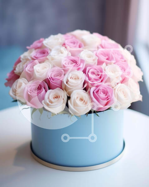 Intra Συλλεκτικό Ξύλινο Παζλ Plywood  4mm - Μπλε Κουτί με Μπουκέτο Ροζ και Λευκά Τριαντάφυλλα Σε Ξύλινο Κουτί - Διαστάσεις Puzzle: 10x10 cm – 25 κομμάτια