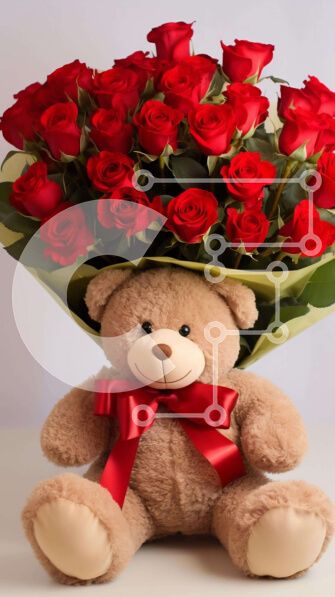 Intra Συλλεκτικό Ξύλινο Παζλ Plywood  4mm - Σύνθεση αρκουδάκι και κόκκινα τριαντάφυλλα Σε Ξύλινο Κουτί - Διαστάσεις Puzzle: 10x10 cm – 25 κομμάτια