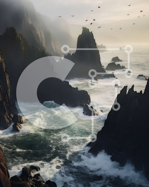 Intra Συλλεκτικό Ξύλινο Παζλ Plywood  4mm - Εκπληκτική θέα της βραχώδης ακτογραμμής με τα κύματα να συντρίβουν σε γκρεμούς και τα πουλιά να πετούν από πάνω Σε Ξύλινο Κουτί - Διαστάσεις: 10x10 cm – 25 κομμάτια