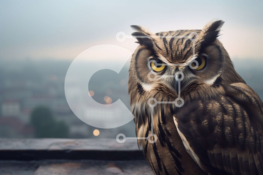 Σετ των 2 Intra Συλλεκτικό Ξύλινο Παζλ Plywood  4mm - Κουκουβάγια σκαρφαλωμένη σε μια προεξοχή με θέα στην πόλη Σε Ξύλινο Κουτί - Διαστάσεις: 10x10 cm – 25 κομμάτια