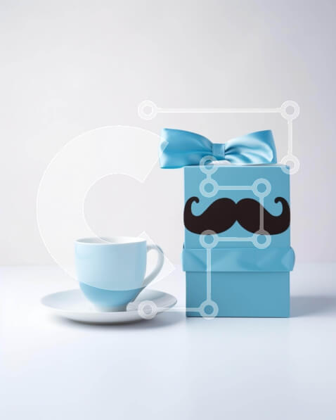 Intra Συλλεκτικό Ξύλινο Παζλ Plywood  4mm - Μπλε Κουτί δώρου με Κύπελλο και Μουστάκι Σε Ξύλινο Κουτί - Διαστάσεις Puzzle: 10x10 cm – 25 κομμάτια