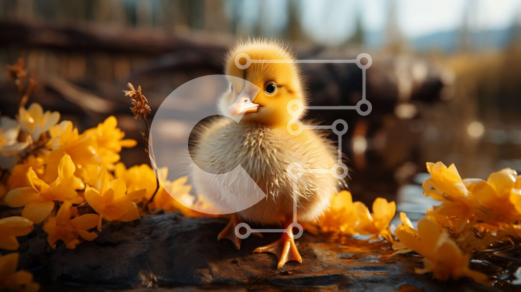 Intra Συλλεκτικό Ξύλινο Παζλ Plywood  4mm - Πάπια σε κούτσουρο σε υδάτινο σώμα που περιβάλλεται από κίτρινα λουλούδια Σε Ξύλινο Κουτί - Διαστάσεις: 10x10 cm – 25 κομμάτια