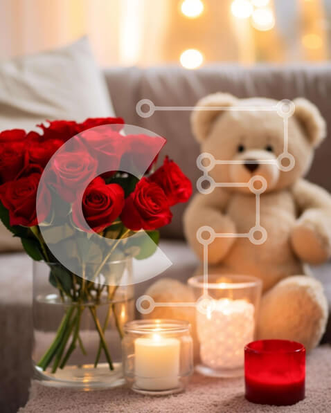 Intra Συλλεκτικό Ξύλινο Παζλ Plywood  4mm - Αρκουδάκι, τριαντάφυλλα και κεριά σε έναν καναπέ Σε Ξύλινο Κουτί - Διαστάσεις Puzzle: 10x10 cm – 25 κομμάτια