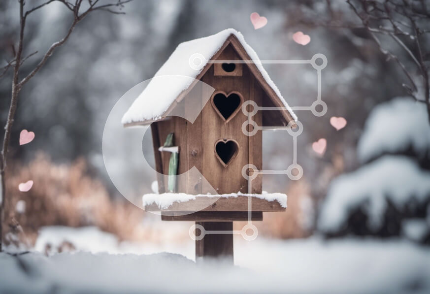 Intra Συλλεκτικό Ξύλινο Παζλ Plywood  4mm - Ξύλινο Birdhouse στο χιόνι με διακοσμήσεις καρδιάς Σε Ξύλινο Κουτί - Διαστάσεις: 10x10 cm – 25 κομμάτια