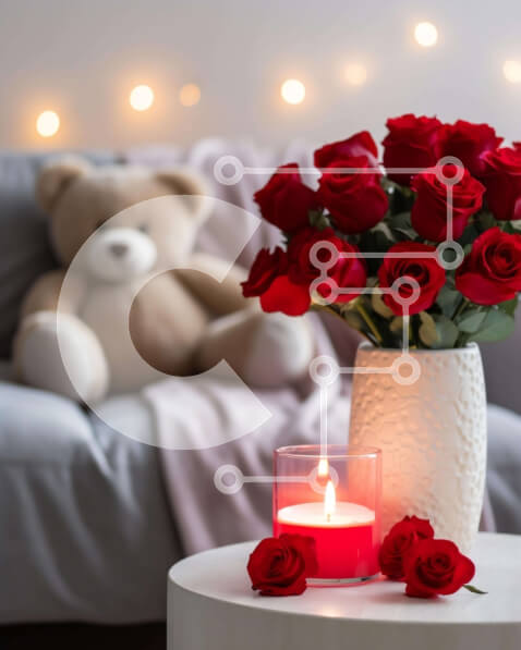 Intra Συλλεκτικό Ξύλινο Παζλ Plywood  4mm - Λευκό βάζο με κόκκινα τριαντάφυλλα και αρκουδάκι Σε Ξύλινο Κουτί - Διαστάσεις Puzzle: 10x10 cm – 25 κομμάτια