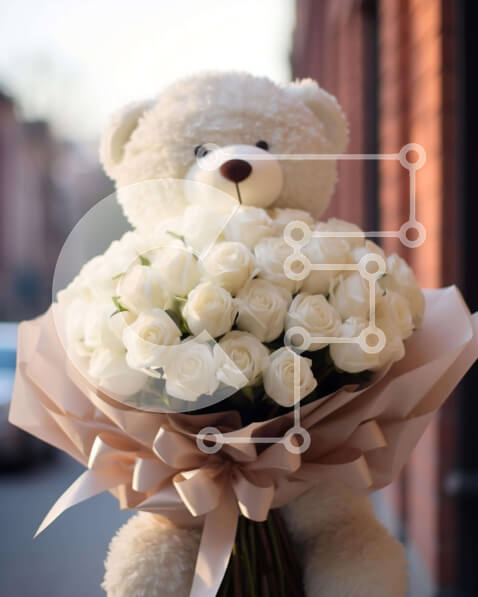 Intra Συλλεκτικό Ξύλινο Παζλ Plywood  4mm - Teddy Bear που κρατά λευκά τριαντάφυλλα - δώρο για κάποιον ξεχωριστό Σε Ξύλινο Κουτί - Διαστάσεις Puzzle: 10x10 cm – 25 κομμάτια