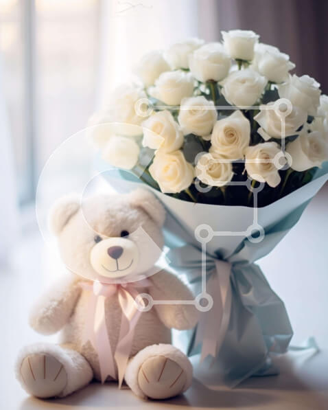 Intra Συλλεκτικό Ξύλινο Παζλ Plywood  4mm - Λευκό αρκουδάκι με λευκά τριαντάφυλλα Σε Ξύλινο Κουτί - Διαστάσεις Puzzle: 10x10 cm – 25 κομμάτια