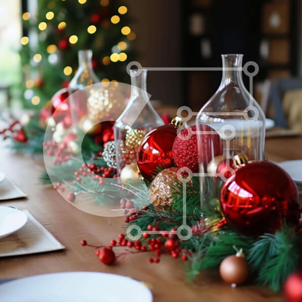 Intra Συλλεκτικό Ξύλινο Παζλ Plywood  4mm - Γιορτινή τραπεζαρία διακοσμημένη με κόκκινα και χρυσά στολίδια Σε Ξύλινο Κουτί - Διαστάσεις: 10x10 cm – 25 κομμάτια