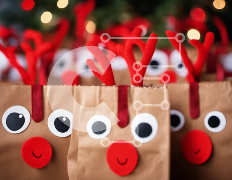 Intra Συλλεκτικό Ξύλινο Παζλ Plywood  4mm - Καφέ χάρτινες τσάντες με πρόσωπα ταράνδου και ελαφοκέρατα Σε Ξύλινο Κουτί - Διαστάσεις: 10x10 cm – 25 κομμάτια