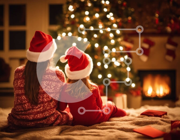 Intra Συλλεκτικό Ξύλινο Παζλ Plywood  4mm - Μητέρα και κόρη γιορτάζουν τα Χριστούγεννα με καπέλα Άγιου Βασίλη και τζάκι Σε Ξύλινο Κουτί - Διαστάσεις: 10x10 cm – 25 κομμάτια