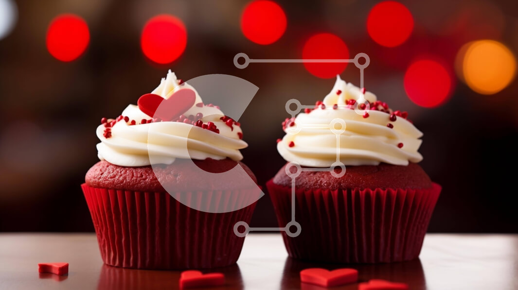 Σετ των 2 Intra Συλλεκτικό Ξύλινο Παζλ Plywood  4mm - Κόκκινα βελούδινα cupcakes με καρδιές και ψεκασμούς σε ξύλινο τραπέζι Σε Ξύλινο Κουτί - Διαστάσεις: 10x10 cm – 25 κομμάτια