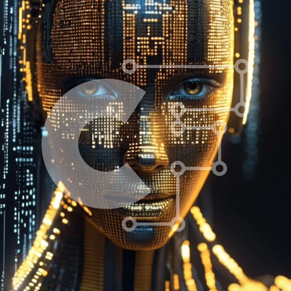 Intra Συλλεκτικό Ξύλινο Παζλ Plywood  4mm - Τεχνητά ευφυές γυναικείο πρόσωπο με λαμπερά μάτια και λαμπερά φώτα Σε Ξύλινο Κουτί - Διαστάσεις Puzzle: 10x10 cm – 25 κομμάτια