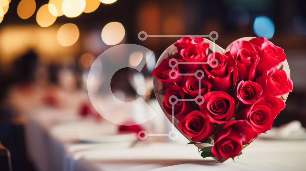 Intra Συλλεκτικό Ξύλινο Παζλ Plywood  4mm - Σύνθεση σε σχήμα καρδιάς από κόκκινα τριαντάφυλλα σε μια όμορφα διακοσμημένη τραπεζαρία Σε Ξύλινο Κουτί - Διαστάσεις Puzzle: 10x10 cm – 25 κομμάτια