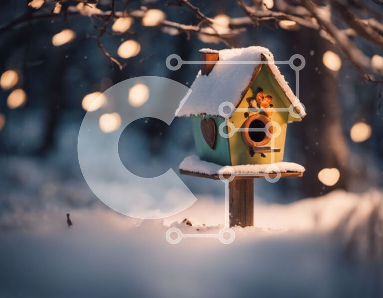 Intra Συλλεκτικό Ξύλινο Παζλ Plywood  4mm - Χιονισμένο σπίτι πουλιών σε ένα χειμερινό τοπίο Σε Ξύλινο Κουτί - Διαστάσεις Puzzle: 10x10 cm – 25 κομμάτια