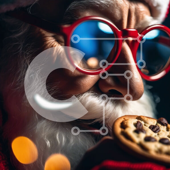 Intra Συλλεκτικό Ξύλινο Παζλ Plywood  4mm - Κοντινό πλάνο του Άγιου Βασίλη με τα κόκκινα γυαλιά και τα μπισκότα Σε Ξύλινο Κουτί - Διαστάσεις: 10x10 cm – 25 κομμάτια