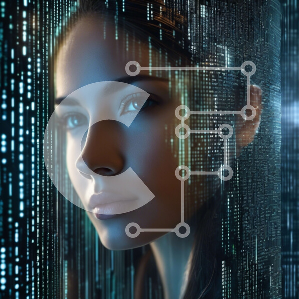 Intra Συλλεκτικό Ξύλινο Παζλ Plywood  4mm - Γυναίκα μπροστά από την ηλεκτρονική οθόνη με τις κωδικοποιημένες γραμμές Σε Ξύλινο Κουτί - Διαστάσεις Puzzle: 10x10 cm – 25 κομμάτια