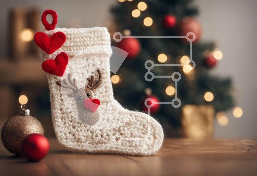 Intra Συλλεκτικό Ξύλινο Παζλ Plywood  4mm - Πλεκτή κάλτσα με τάρανδο και διακοσμημένο χριστουγεννιάτικο δέντρο Σε Ξύλινο Κουτί - Διαστάσεις: 10x10 cm – 25 κομμάτια