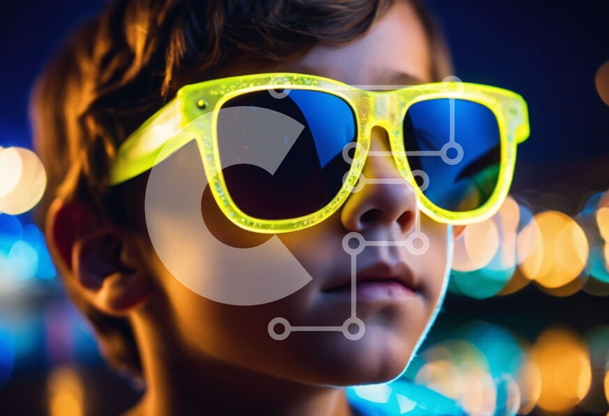 Intra Συλλεκτικό Ξύλινο Παζλ Plywood  4mm - Νεαρό αγόρι που φοράει γυαλιά ηλίου μπροστά από το φωτισμένο αστικό τοπίο Σε Ξύλινο Κουτί - Διαστάσεις Puzzle: 10x10 cm – 25 κομμάτια