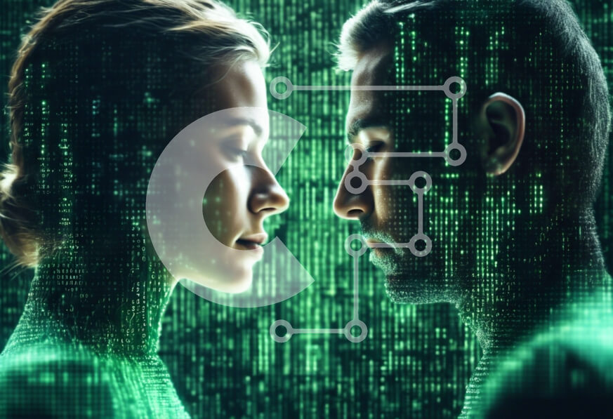 Intra Συλλεκτικό Ξύλινο Παζλ Plywood  4mm - Άνδρας και γυναίκα σε συνομιλία σε φόντο αφηρημένης πράσινης μήτρας Σε Ξύλινο Κουτί - Διαστάσεις Puzzle: 10x10 cm – 25 κομμάτια