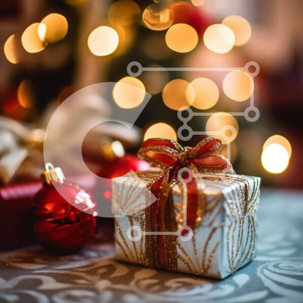 Intra Συλλεκτικό Ξύλινο Παζλ Plywood  4mm - Κοντινή όψη ενός κουτιού δώρου με κόκκινη κορδέλα στο τραπέζι μπροστά από το χριστουγεννιάτικο δέντρο Σε Ξύλινο Κουτί - Διαστάσεις: 10x10 cm – 25 κομμάτια