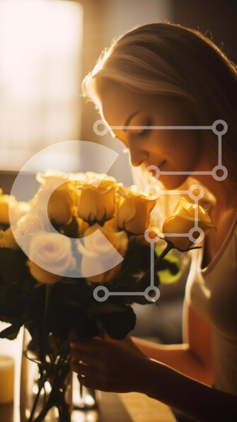 Intra Συλλεκτικό Ξύλινο Παζλ Plywood  4mm - Νεαρή γυναίκα που μυρίζει κίτρινα τριαντάφυλλα με το φως των κεριών Σε Ξύλινο Κουτί - Διαστάσεις Puzzle: 10x10 cm – 25 κομμάτια