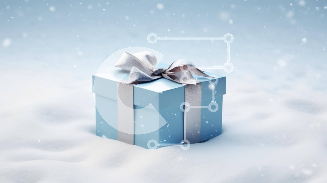 Intra Συλλεκτικό Ξύλινο Παζλ Plywood  4mm - Μπλε κουτί δώρου με ασημένια κορδέλα στο χιόνι Σε Ξύλινο Κουτί - Διαστάσεις: 10x10 cm – 25 κομμάτια