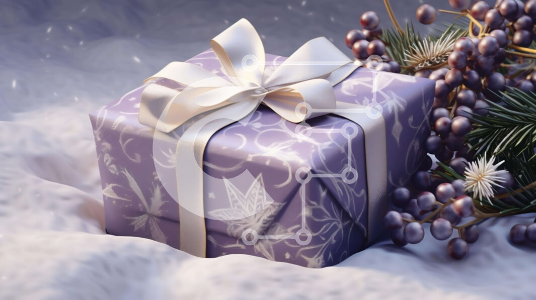 Intra Συλλεκτικό Ξύλινο Παζλ Plywood  4mm - Μωβ δώρο τυλιγμένο σε λευκό χαρτί με χιόνι και μούρα Σε Ξύλινο Κουτί - Διαστάσεις: 10x10 cm – 25 κομμάτια