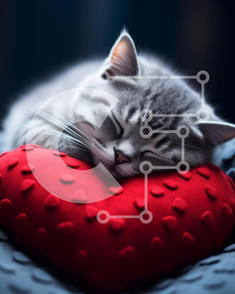 Σετ των 2 Intra Συλλεκτικό Ξύλινο Παζλ Plywood  4mm - Γκρίζα γάτα που κοιμάται σε κόκκινο μαξιλάρι σε σχήμα καρδιάς Σε Ξύλινο Κουτί - Διαστάσεις: 10x10 cm – 25 κομμάτια