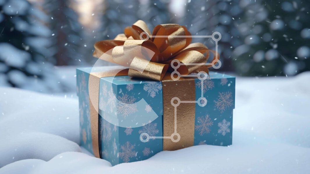 Intra Συλλεκτικό Ξύλινο Παζλ Plywood  4mm - Μπλε και χρυσό κουτί δώρου στο χιόνι με διακοσμητικό φιόγκο Σε Ξύλινο Κουτί - Διαστάσεις: 10x10 cm – 25 κομμάτια