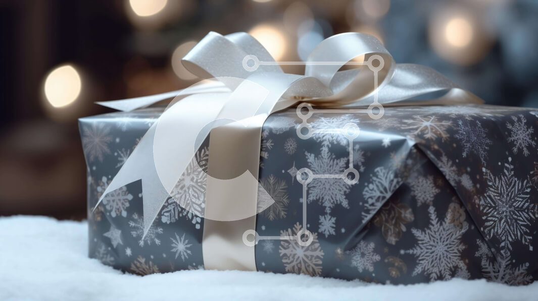 Intra Συλλεκτικό Ξύλινο Παζλ Plywood  4mm - Δώρο τυλιγμένο σε ασήμι και χρυσό με λευκή κορδέλα σε χιονισμένο έδαφος Σε Ξύλινο Κουτί - Διαστάσεις: 10x10 cm – 25 κομμάτια