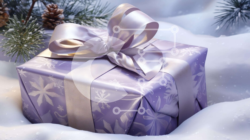 Intra Συλλεκτικό Ξύλινο Παζλ Plywood  4mm - Μωβ δώρο τυλιγμένο σε λευκό με ασημί κορδέλα στο χιόνι Σε Ξύλινο Κουτί - Διαστάσεις Puzzle: 10x10 cm – 25 κομμάτια