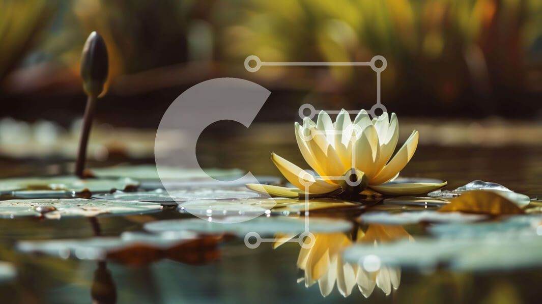 Intra Συλλεκτικό Ξύλινο Παζλ Plywood  4mm - Μονό κίτρινο νούφαρο σε μια λίμνη με πράσινα φύλλα και αντανακλάσεις Σε Ξύλινο Κουτί - Διαστάσεις: 10x10 cm – 25 κομμάτια