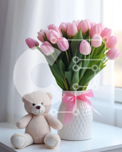 Intra Συλλεκτικό Ξύλινο Παζλ Plywood  4mm - Φρέσκες ροζ τουλίπες με αρκουδάκι Σε Ξύλινο Κουτί - Διαστάσεις Puzzle: 10x10 cm – 25 κομμάτια