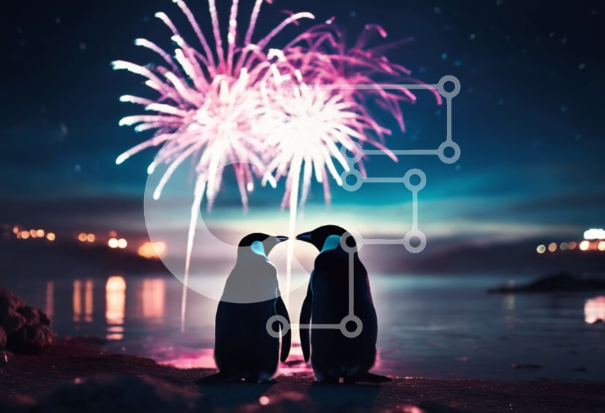 Intra Συλλεκτικό Ξύλινο Παζλ Plywood  4mm - Πιγκουίνοι στην παραλία με πυροτεχνήματα στο φόντο Σε Ξύλινο Κουτί - Διαστάσεις: 10x10 cm – 25 κομμάτια